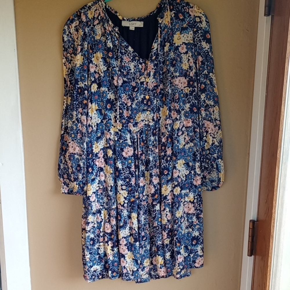 Loft Floral Long Sleeve Midi Bottom Front Dress Size LP